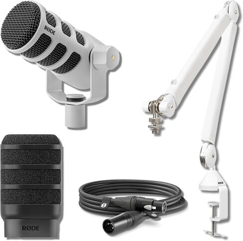 Rode Podmic USB ميكروفون البث الديناميكي (أبيض) مع Rode PSA1+ Professional Studio Boom Arm (White) ، Rode Premium XLR Cable and Pop Filter (10 'Blue) in Kuwait