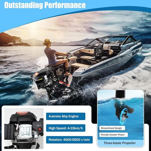 4-Stroke 6.5HP 123CC Boat Engine Marine Outboard Motor, CDI Water Cooling Motor Tiller Control Manual Start for Fishing Aquaculture Outdoor Adventure Boat with Fuel Tank and Hoses in Kuwait