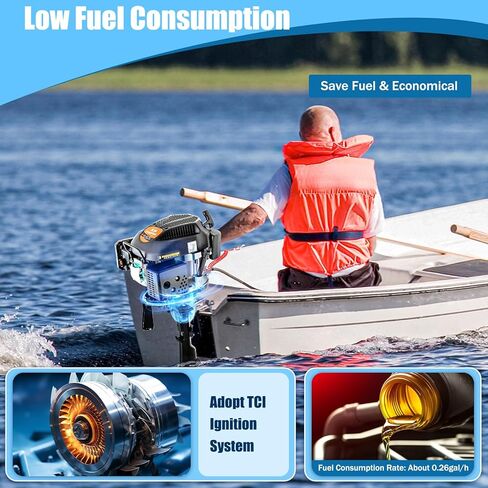 4-Stroke 6.5HP 123CC Boat Engine Marine Outboard Motor, CDI Water Cooling Motor Tiller Control Manual Start for Fishing Aquaculture Outdoor Adventure Boat with Fuel Tank and Hoses in Kuwait