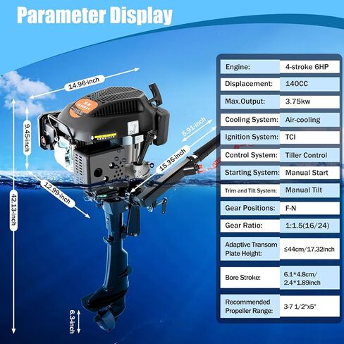 4-Stroke 6.5HP 123CC Boat Engine Marine Outboard Motor, CDI Water Cooling Motor Tiller Control Manual Start for Fishing Aquaculture Outdoor Adventure Boat with Fuel Tank and Hoses in Kuwait