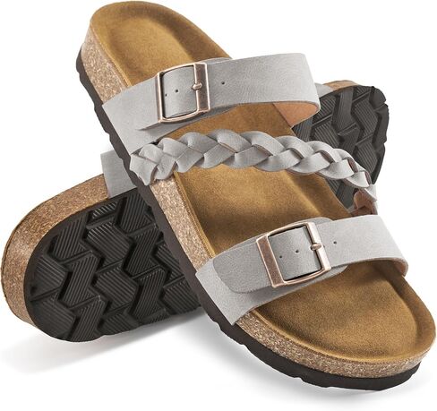HARENCE Flat Sandals for Women 2026 Comfort Cork Footbed with Adjustable Buckle Summer Slides for Women for Vacation Walking in Saudi Arabia