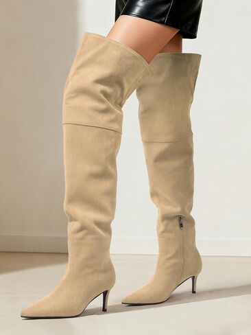 أحذية Skysterry With High Boots فوق أحذية الركبة للنساء مدببة بأصابع القدمين ، وهي أحذية عالية الكعب مريحة ، سستة من سحاب العجل على نطاق واسع في حفل زفاف يرجع تاريخه إلى أحذية سقوط طويلة 2.4 بوصة in Saudi Arabia