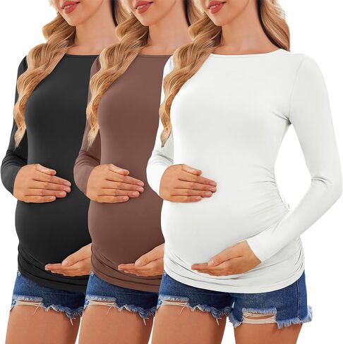 ekouaer نساء قمصان الأمومة القارب عنق القارب 3 حزم الحمل قمم طويلة الأكمام تيتس بلوزة عارضة جديدة ماما الملابس s-xxl in Kuwait