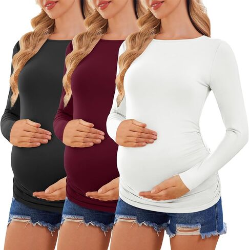 Ekouaer Womens Maternity Shirts Boat Neck 3 Packs Pregnancy Tops Long Sleeve Tunic Tees Casual Blouse New Mama Clothes S-XXL in Saudi Arabia