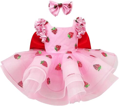 Pink Strawberry Princess Dress for Girls – Layered Tulle Birthday Party Dress with Big Red Bow and Matching Headband in Saudi Arabia