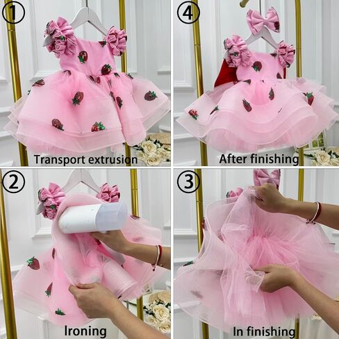 Pink Strawberry Princess Dress for Girls – Layered Tulle Birthday Party Dress with Big Red Bow and Matching Headband in Saudi Arabia