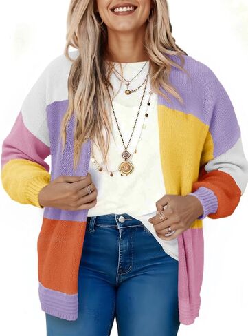 Saodimallsu Womens Color Block Oversized Cardigans Long Lantern Sleeve Open Front Chunky Knit Fall Sweater Coats in Saudi Arabia