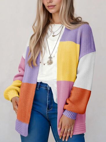 Saodimallsu Womens Color Block Oversized Cardigans Long Lantern Sleeve Open Front Chunky Knit Fall Sweater Coats in Saudi Arabia