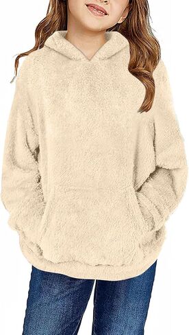 Girls Fuzzy Fleece Pullover Hoodies Sweatshirt Kids Casual Sherpa Winter Top Warm Outwear Coat with Pockets 4-14 Years in Saudi Arabia