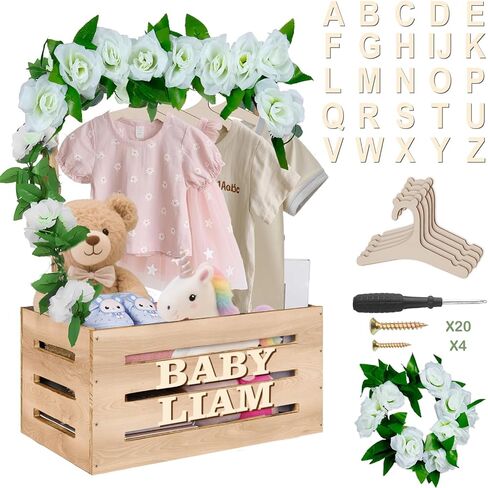 سلة خزانة دش الطفل الخشبية مع رف شماعات ، هدايا مخصصة للوالدين ليكونوا ، زخارف الطفل صبي أو فتاة in Kuwait