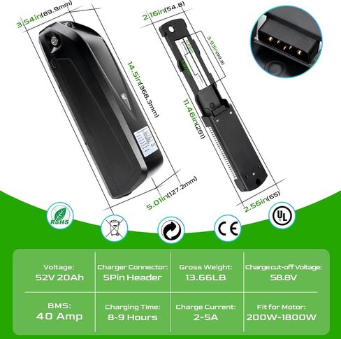 Ebike Battery,Scooter Lithium Battery Pack for 200W-2000W Electric Bike and Other Motor, Safe Lock, Led Indicator Light, with Base and Charger (48V20Ah(with Charger)) in Saudi Arabia
