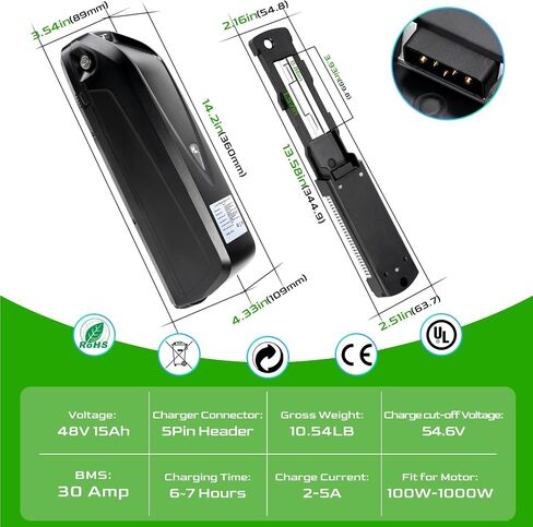 Ebike Battery,Scooter Lithium Battery Pack for 200W-2000W Electric Bike and Other Motor, Safe Lock, Led Indicator Light, with Base and Charger (48V20Ah(with Charger)) in Saudi Arabia