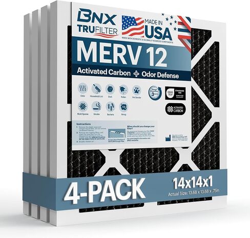 BNX TruFilter 16x25x1 MERV 12 Odor Defense (4-Pack) AC Furnace Air Filter with Activated Carbon - MADE IN USA - Pleated Air Conditioner HVAC AC Furnace Filters - Removes Odor, Mold, Bacteria, Smoke in Kuwait