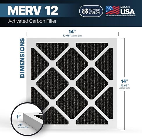 BNX TruFilter 16x25x1 MERV 12 Odor Defense (4-Pack) AC Furnace Air Filter with Activated Carbon - MADE IN USA - Pleated Air Conditioner HVAC AC Furnace Filters - Removes Odor, Mold, Bacteria, Smoke in Kuwait