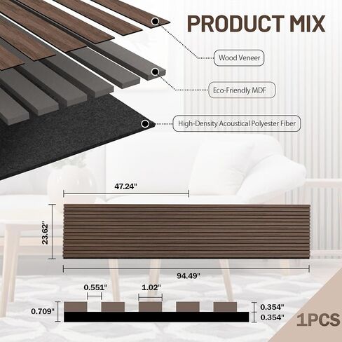 Acoustic Wood Slat Wall Panels, 47.2" X 23.6" X 0.7" 15.5ft² Sound Absorbing Acoustic Panels for Walls –Wall Panels for Stylish Interiors (4# Walnut, 2pack -47.2x23.6in) in Saudi Arabia
