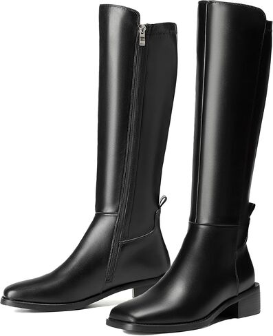 Women's Knee-High Boots, Faux Leather Elastic Boots Low Heel Square Toe, Side Zipper Tall Boots in Saudi Arabia