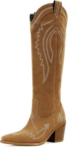 Cowboy Boots for Women Western Knee High Wide Calf Cowgirl Boots with Chunky Heel Snip Toe Embroidery for Country Concert in Saudi Arabia