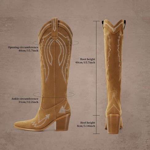 Cowboy Boots for Women Western Knee High Wide Calf Cowgirl Boots with Chunky Heel Snip Toe Embroidery for Country Concert in Saudi Arabia
