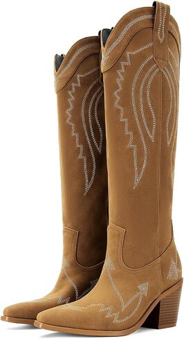 Cowboy Boots for Women Western Knee High Wide Calf Cowgirl Boots with Chunky Heel Snip Toe Embroidery for Country Concert in Saudi Arabia