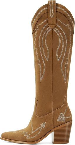 Cowboy Boots for Women Western Knee High Wide Calf Cowgirl Boots with Chunky Heel Snip Toe Embroidery for Country Concert in Saudi Arabia