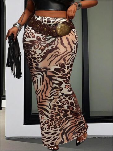 WDIRARA Women's Plus Size Leopard Print Elastic Waist Bodycon Maxi Skirt Pencil Skirt in Saudi Arabia