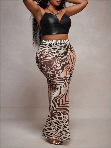 WDIRARA Women's Plus Size Leopard Print Elastic Waist Bodycon Maxi Skirt Pencil Skirt in Saudi Arabia