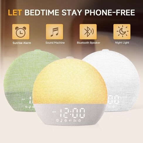 Sunrise Alarm Clock آلة صوت الضوضاء البيضاء مع 25 أصوات مهدئة ، 17 أضواء ليلية ، مكبر صوت بلوتوث استيقظ على مدار الساعة على مدار غرف النوم ، نوم ثقيل ، طفل ، أطفال in Kuwait