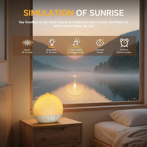 Sunrise Alarm Clock آلة صوت الضوضاء البيضاء مع 25 أصوات مهدئة ، 17 أضواء ليلية ، مكبر صوت بلوتوث استيقظ على مدار الساعة على مدار غرف النوم ، نوم ثقيل ، طفل ، أطفال in Kuwait