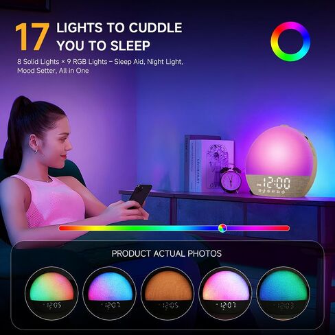Sunrise Alarm Clock آلة صوت الضوضاء البيضاء مع 25 أصوات مهدئة ، 17 أضواء ليلية ، مكبر صوت بلوتوث استيقظ على مدار الساعة على مدار غرف النوم ، نوم ثقيل ، طفل ، أطفال in Kuwait