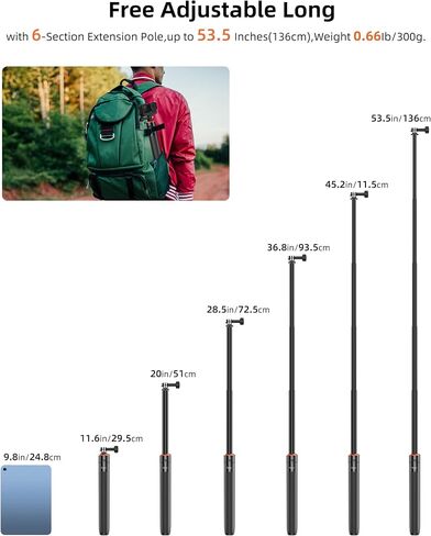 53.5 "Osmo Action 5 Pro Selfie Stick Tripod for DJI Action 4/3 ، OSMO 360 - قابلة للتمديد سفر مدونة مدونة DJI Osmo Action 5 Pro/4/3 ، DJI Osmo 360 ، DJI Osmo Pocket 3 - Osmo Action Accessories in Kuwait