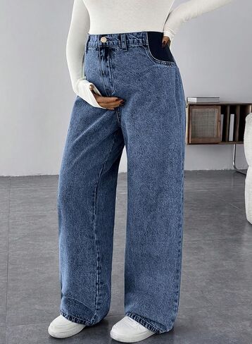 BLENCOT Maternity Jeans for Women High Waist Straight Leg Pregnancy Denim Pants with Pockets in Kuwait