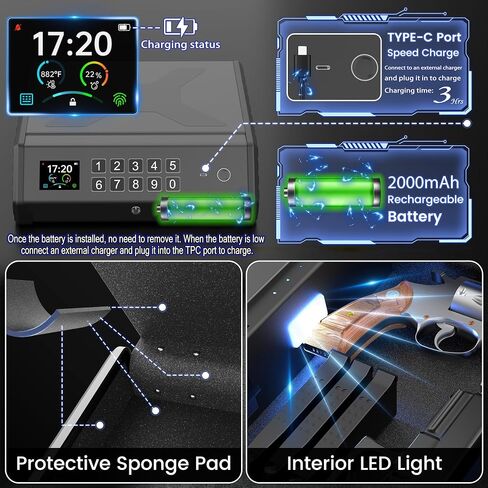 Gun Safe,3 Ways Biometric Pistol Safe with LCD Display of Temperature Humidity USB Port,Emergency Power Supply Gun Lock Box for Home Bedroom Bedside Nightstand and Car in Saudi Arabia