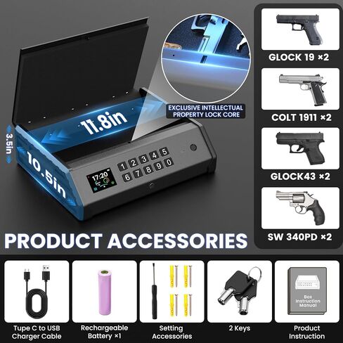 Gun Safe,3 Ways Biometric Pistol Safe with LCD Display of Temperature Humidity USB Port,Emergency Power Supply Gun Lock Box for Home Bedroom Bedside Nightstand and Car in Saudi Arabia