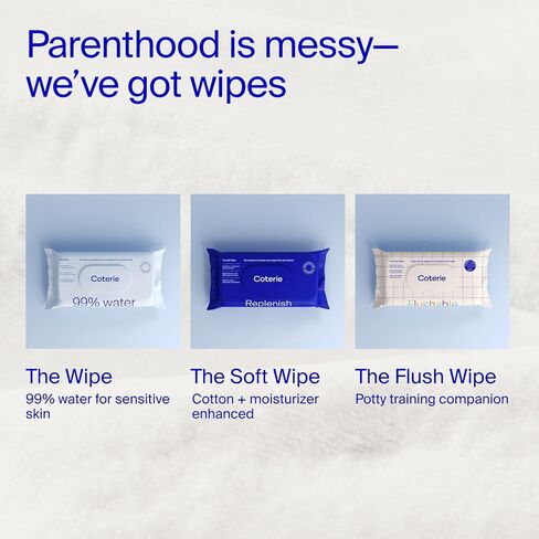 Coterie Flushable Wipes for Sensitive Skin, Hypoallergenic, 99% Water, Plant-Based Fibers, Sewer + Septic Safe to Flush, Fragrance Free Potty Training Toddler Toilet Wipes (8 pack) in Kuwait