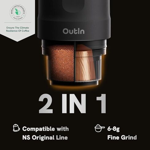 Outin Nano Machine Electral Espresso Machine ، صانع القهوة السفر للتخييم ، وصانع القهوة للسيارات مع USB-C ، مع كبسولة Ground Coffee و NS للربع المشي لمسافات طويلة ، والمشي لمسافات طويلة ، والمكتب in Kuwait