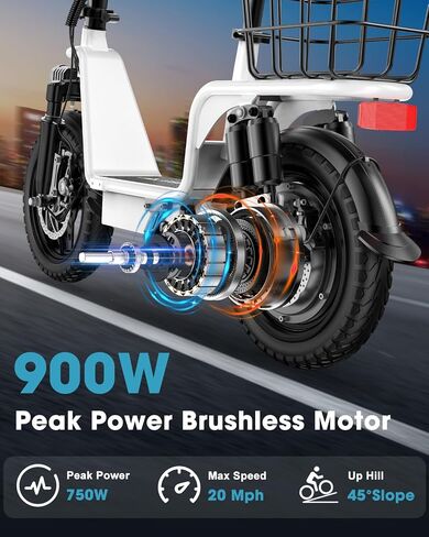 Peak 900W Electric Scooter Adults with Seat, 33 Miles Range, 48V 10.4Ah Removable Li Battery, 20MPH Folding E Scooter with Large Middle Basket, with Phone Holder Ebike for Pets & Cargo, Black in Kuwait