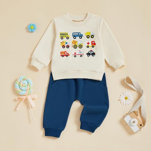 Toddler Baby Boy Fall Outfit Vehicle Print Long Sleeve Sweatshirt and Elastic Pants Set 2Pcs Winter Clothes in Kuwait