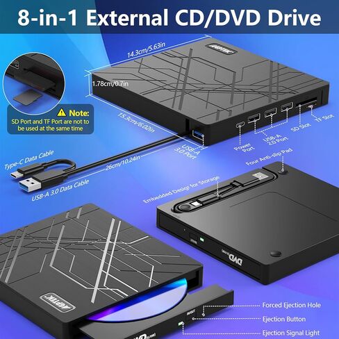 محرك الأقراص المضغوطة/DVD الخارجي Agptek ، و USB 3.0 Slim DVD Burner مع محول Ethernet ، ومنافذ USB وفتحات بطاقة TF/SD ، وقارئ/كاتب مشغل CD/DVD للكمبيوتر المحمول ، والكمبيوتر الشخصي ، و MacBook ، و Windows ، Linux ، Mac OS in Saudi Arabia