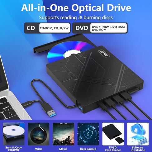 محرك الأقراص المضغوطة/DVD الخارجي Agptek ، و USB 3.0 Slim DVD Burner مع محول Ethernet ، ومنافذ USB وفتحات بطاقة TF/SD ، وقارئ/كاتب مشغل CD/DVD للكمبيوتر المحمول ، والكمبيوتر الشخصي ، و MacBook ، و Windows ، Linux ، Mac OS in Saudi Arabia