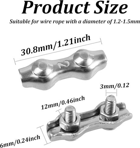 12PCS M4 Double Bolt Wire Rope Clips, Stainless Steel Duplex Wire Rope Clips, 2-Post Wire Rope Clamp for 1/8 Inch (3mm) Diameter Wire Cable in Saudi Arabia