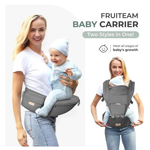 Fruiteam - حاملة أطفال معتمدة من الأمان مع مقعد الورك - جميع مواقع صدر الأطفال - حاملة الأطفال الأمامية والخلفية تحمل نوربورن إلى طفل صغير مع غطاء رأس ، رمادي ضبابي in Kuwait