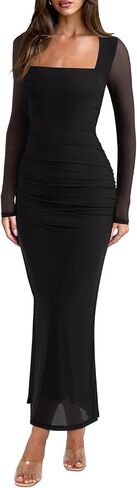 ريوريا سقوط الفساتين ماكسي للنساء شفافة شبكية طويلة الأكمام مربعة الرقبة ruched bodycon طويلة اللباس كوكتيل الحفلات نادي نادي in Saudi Arabia