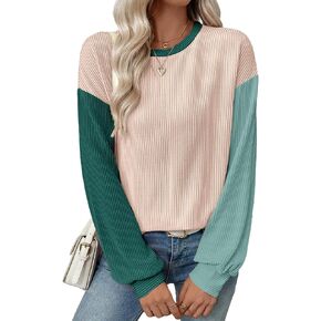 EVALESS Womens Long Sleeve Tops Fall Fashion 2025 Crewneck Color Block Ribbed Knit Casual Loose Fit Pullover Shirts in Kuwait