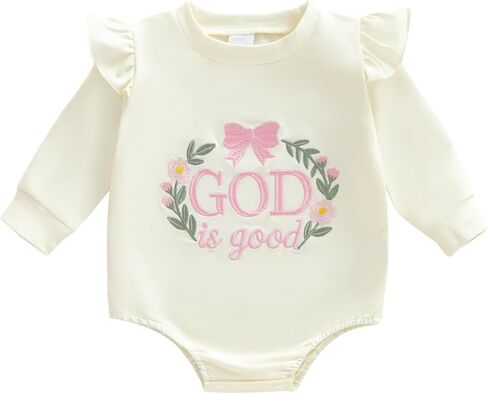Baby Girl Christian Clothes God is Good Flower Embroidery Bubble Romper Waffle Long Sleeve Bodysuit Fall Outfits in Saudi Arabia