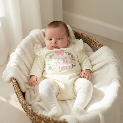 Baby Girl Christian Clothes God is Good Flower Embroidery Bubble Romper Waffle Long Sleeve Bodysuit Fall Outfits in Saudi Arabia