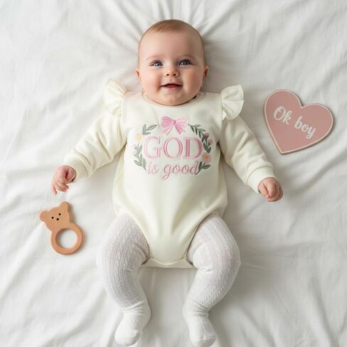 Baby Girl Christian Clothes God is Good Flower Embroidery Bubble Romper Waffle Long Sleeve Bodysuit Fall Outfits in Saudi Arabia