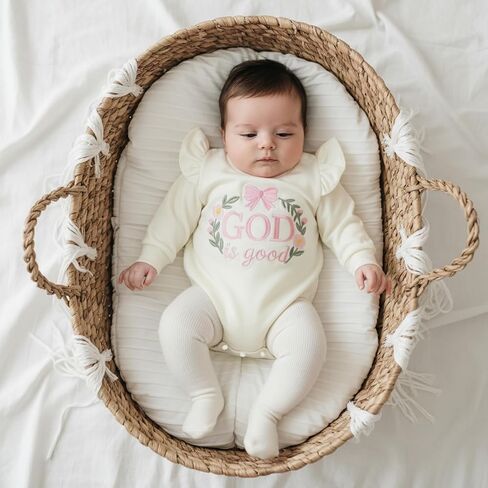 Baby Girl Christian Clothes God is Good Flower Embroidery Bubble Romper Waffle Long Sleeve Bodysuit Fall Outfits in Saudi Arabia