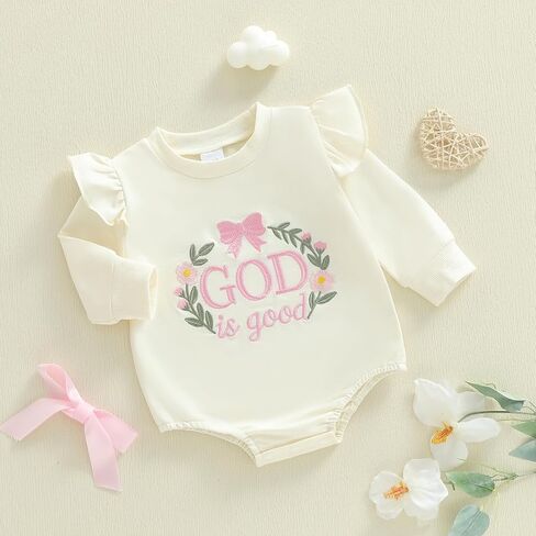 Baby Girl Christian Clothes God is Good Flower Embroidery Bubble Romper Waffle Long Sleeve Bodysuit Fall Outfits in Saudi Arabia