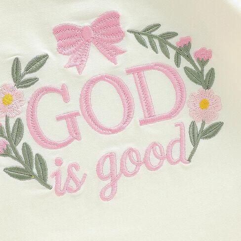 Baby Girl Christian Clothes God is Good Flower Embroidery Bubble Romper Waffle Long Sleeve Bodysuit Fall Outfits in Saudi Arabia