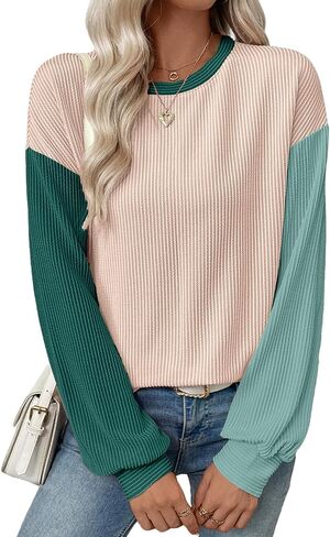 EVALESS Womens Long Sleeve Tops Fall Fashion 2025 Crewneck Color Block Ribbed Knit Casual Loose Fit Pullover Shirts in Saudi Arabia